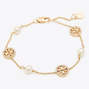 Tory Burch Miller Crystal Pearl Logo Bracelet (18K GOLD) (NWT)